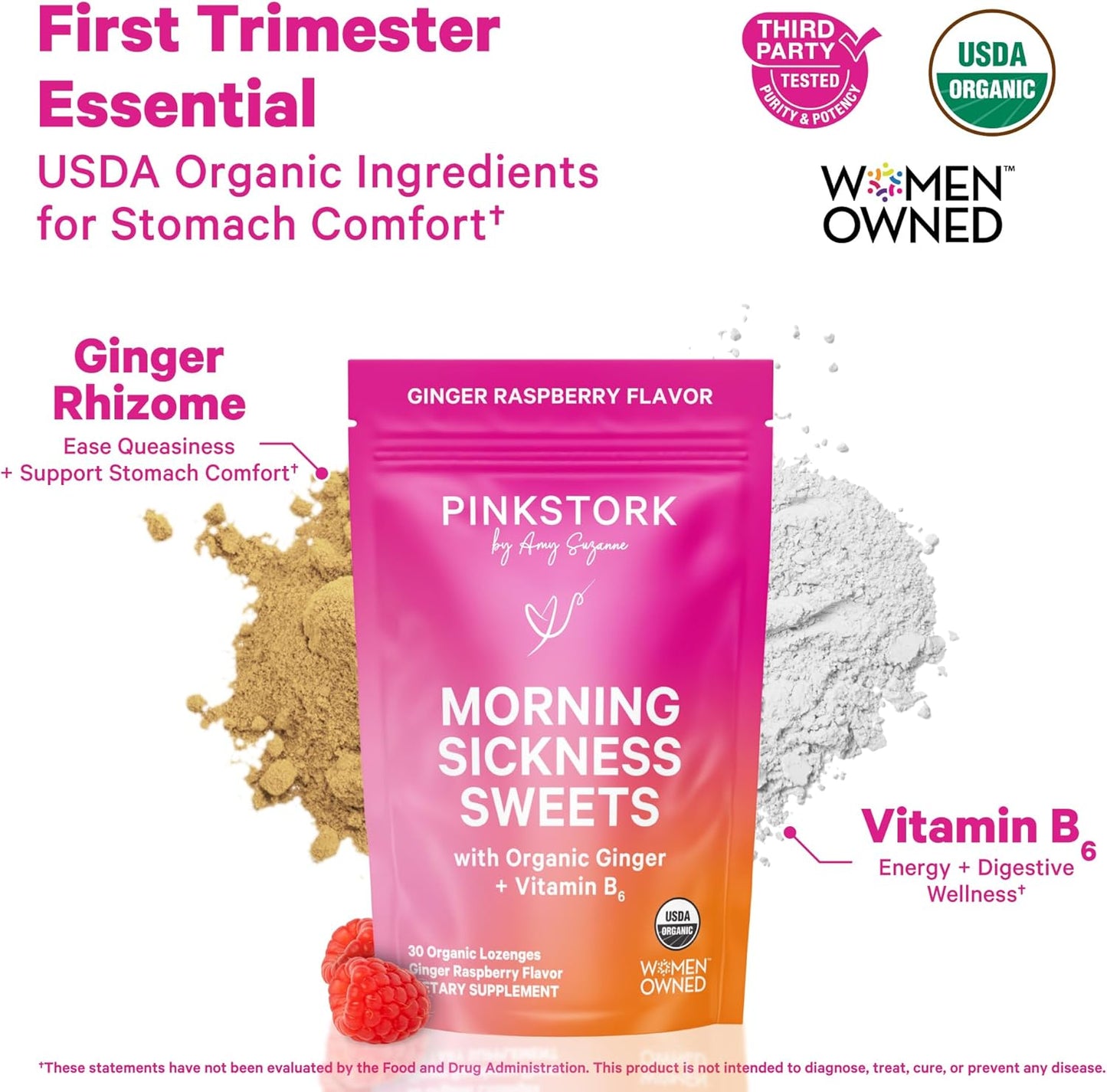 Pink Stork Morning Sickness Support Kit – 3-Piece Bundle with Organic Ginger Peach Tea, B6 Sweets, Ginger Lozenges – Pregnancy Support, First Trimester Essentials, Gift for Pregnant Women