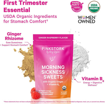 Pink Stork Morning Sickness Support Kit – 3-Piece Bundle with Organic Ginger Peach Tea, B6 Sweets, Ginger Lozenges – Pregnancy Support, First Trimester Essentials, Gift for Pregnant Women