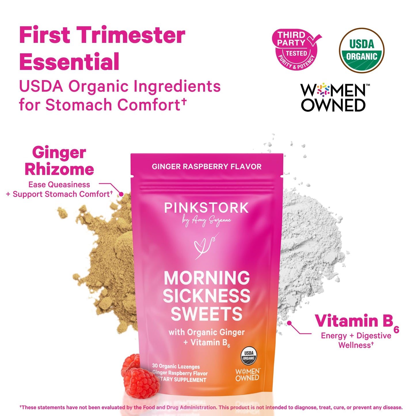 Pink Stork Morning Sickness Sweets Organic Raspberry Ginger, 30 Count | USDA Organic Ginger + Vitamin B6, Motion Sickness Support, Digestive Comfort + Heartburn Support, 30 Wrapped Drops