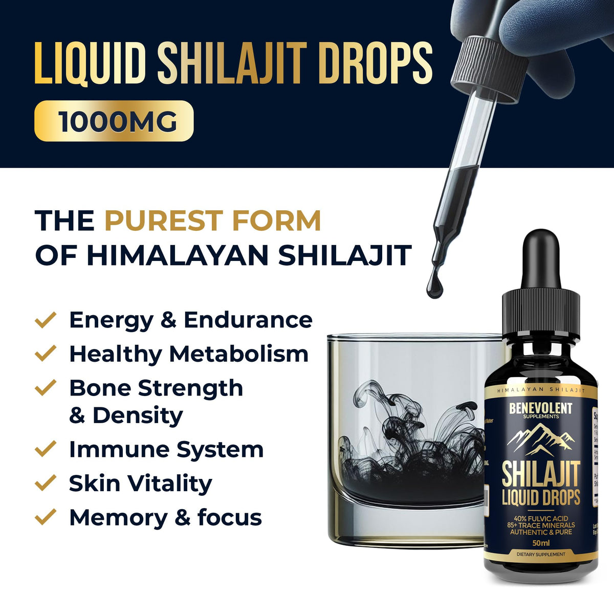 Pure Himalayan Shilajit Liquid Drops - 1000mg Natural Shilajit Drops - 85+ Trace Minerals