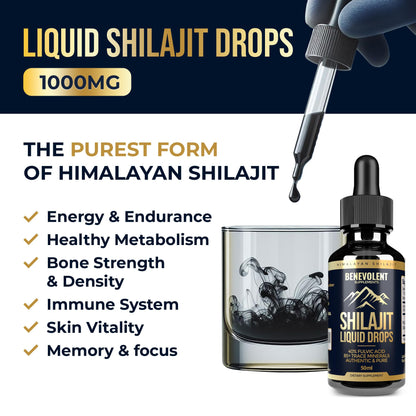 Pure Himalayan Shilajit Liquid Drops - 1000mg Natural Shilajit Drops - 85+ Trace Minerals