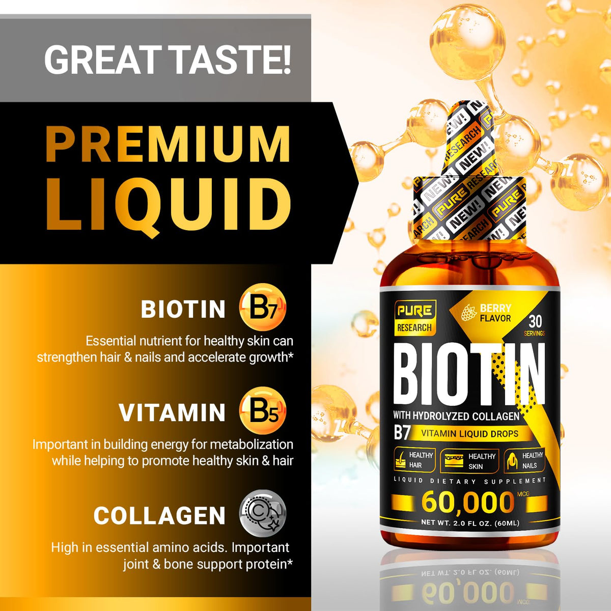 PURE RESEARCH Liquid Biotin & Collagen Hair Growth Drops 60,000mcg – Biotin and Liquid