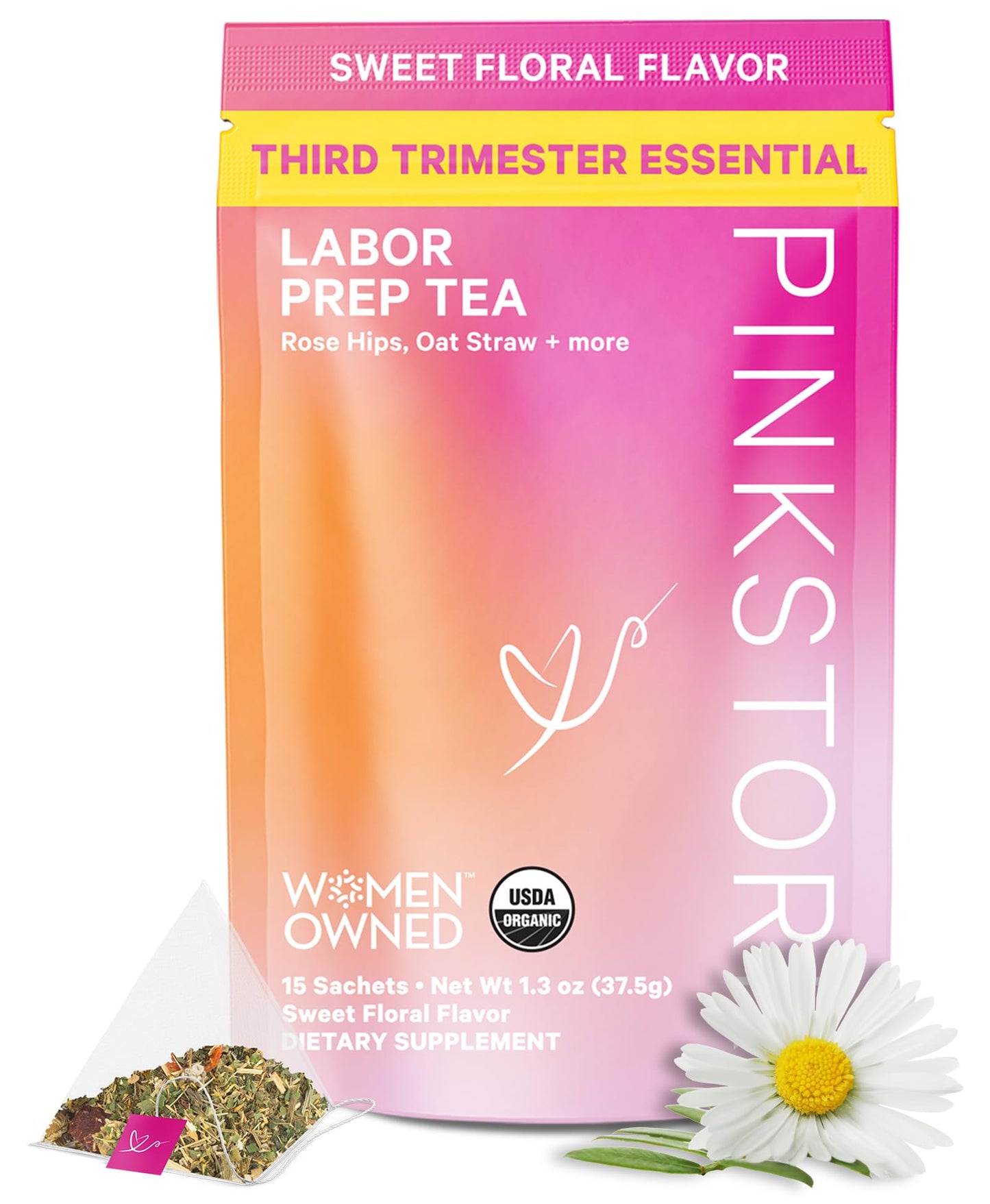 Pink Stork Organic Labor Prep Tea, Sweet Floral Flavor, 30 Cups | Red Raspberry Leadf, Chamomile + Rosehip, Caffeine-Free, Third Trimester Pregnancy, 15 Sachets