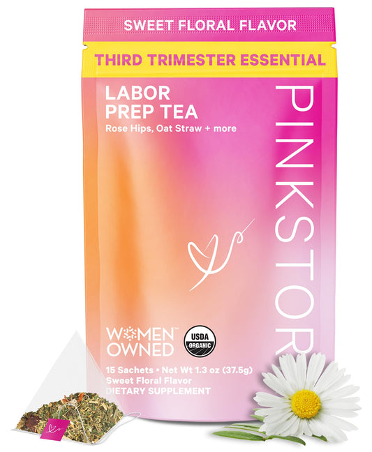 Pink Stork Organic Labor Prep Tea, Sweet Floral Flavor, 30 Cups | Red Raspberry Leadf, Chamomile + Rosehip, Caffeine-Free, Third Trimester Pregnancy, 15 Sachets