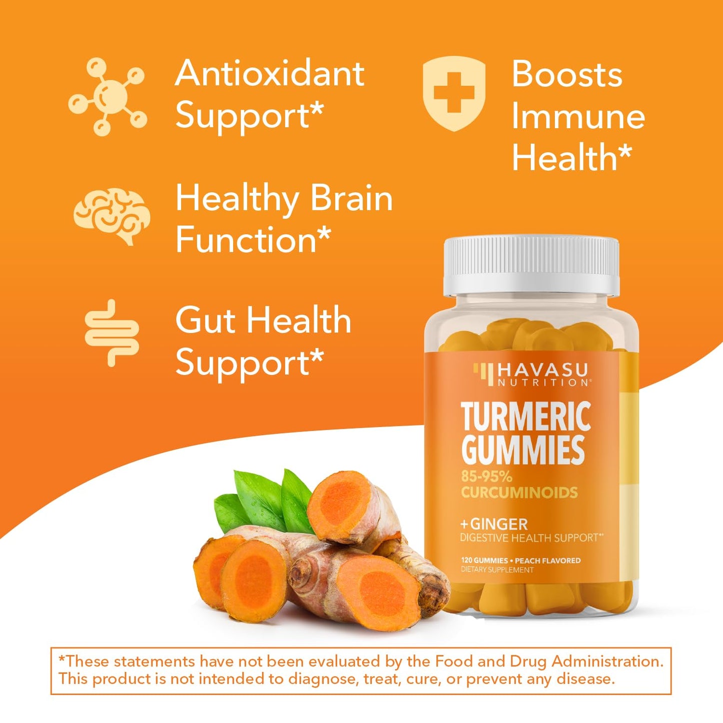 Turmeric Gummies, Peach, 60ct, Digestive & Immune Support for Wellness | Turmeric Gummies with Ginger Root Extract, Digestive Health & Immune Support for Overall Wellness, 1 Month Supply