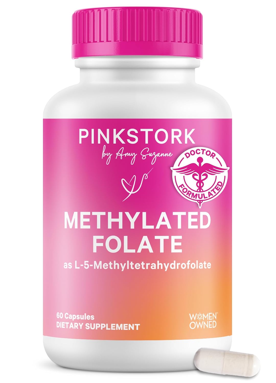 Pink Stork Folate: Methyl Folate - MTHFR Acid, Natural Form of Folic Acid for Pregnancy, Formulated for Mom + Baby, Women-Owned, 60 Capsules (Packaging May Vary)