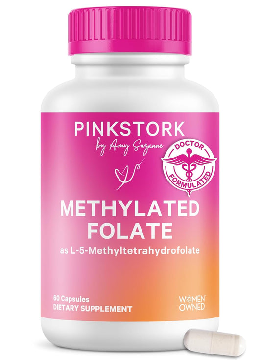 Pink Stork Folate: Methyl Folate - MTHFR Acid, Natural Form of Folic Acid for Pregnancy, Formulated for Mom + Baby, Women-Owned, 60 Capsules (Packaging May Vary)