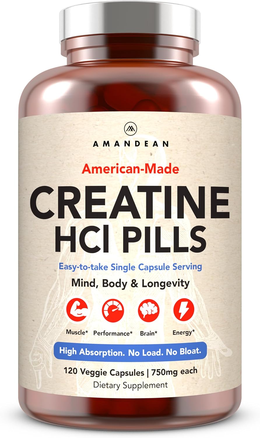 AMANDEAN Creatine HCl Capsules & Pills, CON-CRET, No Bloat, 750mg, 120ct