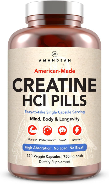 AMANDEAN Creatine HCl Capsules & Pills, CON-CRET, No Bloat, 750mg, 120ct