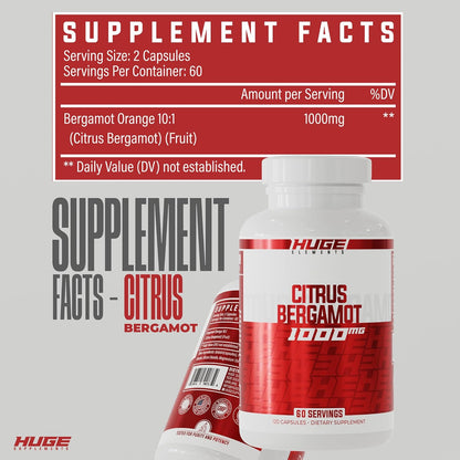 Huge Supplements 100% Pure Citrus Bergamot Extract 10:1 Capsules - 1000mg per Serving - Supports Digestion, Stress Management, and Immune Health (120 Capsules)