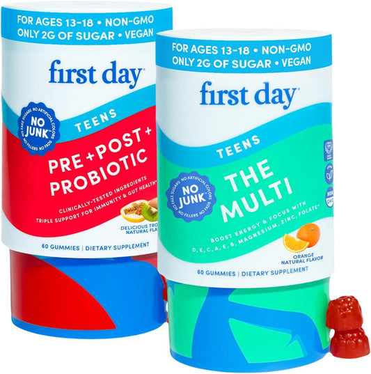 FIRST DAY Teens Tropical Tribiotic Gummies & Orange Multivitamin Gummies | Daily Nutrients, Immunity, & Gut Health | Clean Label Project Verified® | Vegan | 30-Day Supply