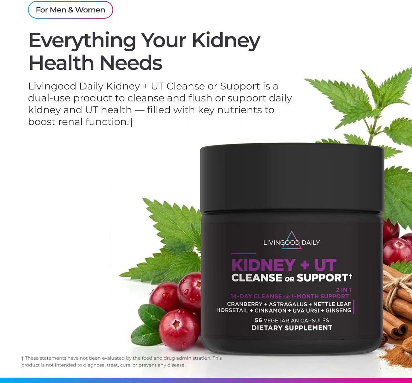 Livingood Daily Kidney Cleanse & Urinary Tract Support Supplement for Women & Men, 14-Day Detox or 28-Day Wellness Routine with Cranberry, Nettle Leaf, Astragalus & Cinnamon, Gluten Free, 56 Capsules