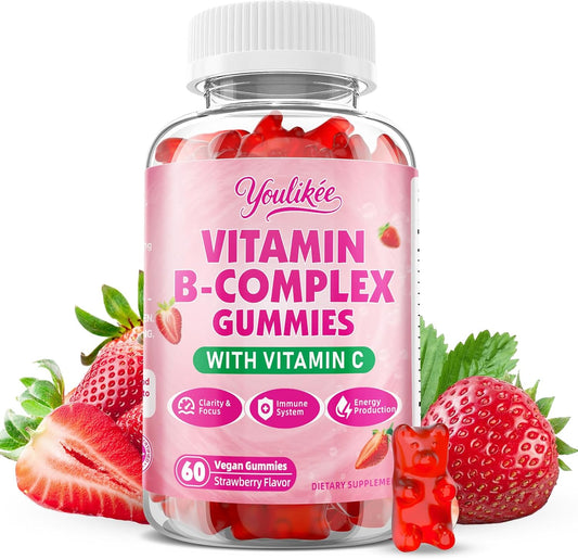 Vitamin B-Complex Gummies for Women & Men, Strawberry Flavor, 60 Count | Methyl B12, B1, B2, B3, B5, B6, B7 & B9 - Vitamin B Complex with Vitamin C for Energy, Brain & Immune Support