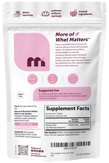 Micro Ingredients Vitamin B12 5,000 mcg | Methylcobalamin – 240 Chewable Tablets | Fast Dissolve, Natural Strawberry Flavor | Vegan, Non-GMO, Gluten Free - 1`
