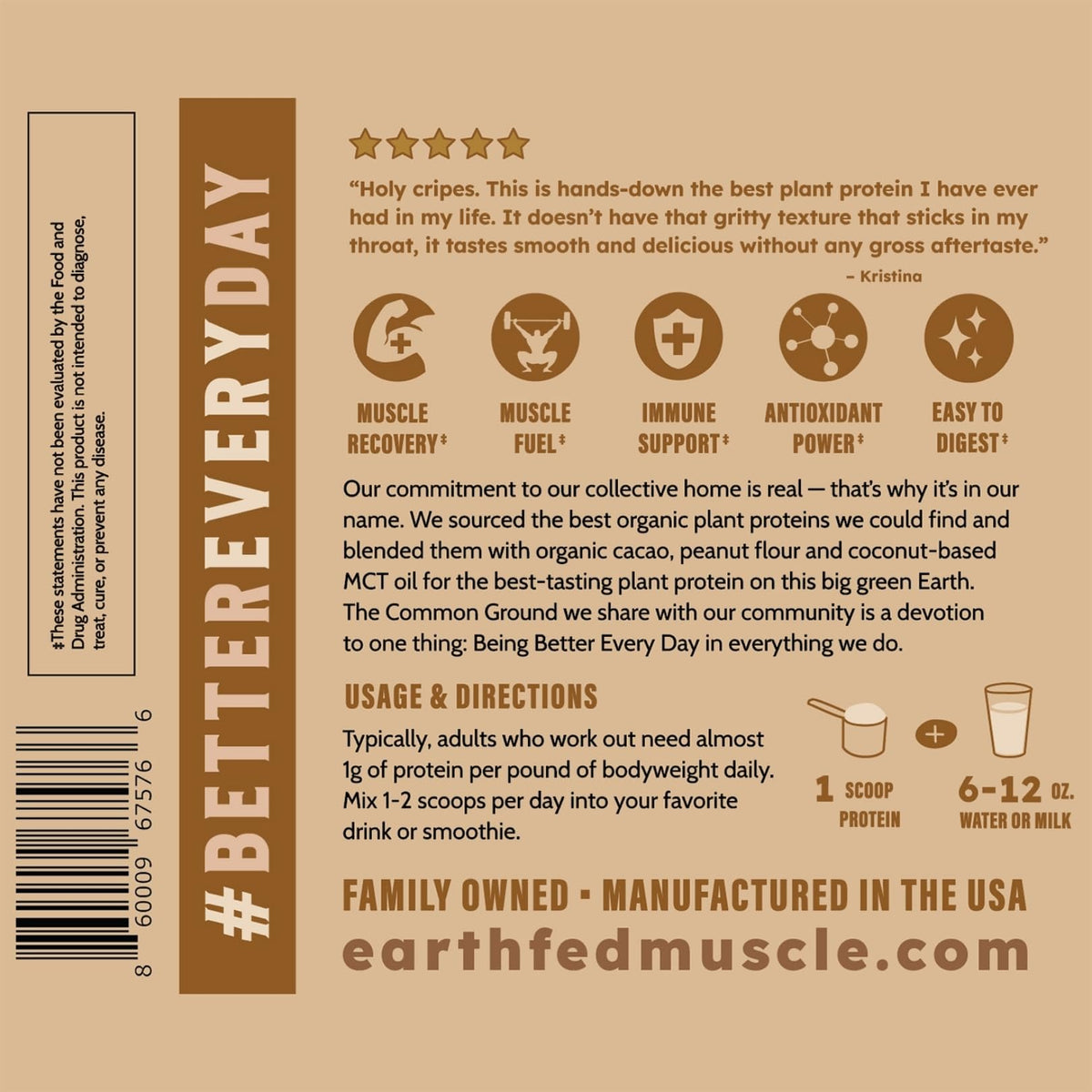 Earth Fed Muscle Organic Plant Protein Powder, Chocolate, 1.74 lb