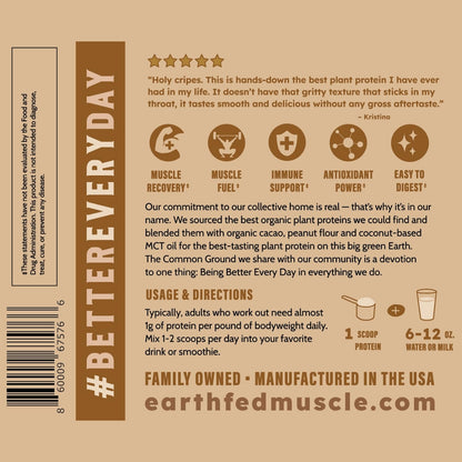 Earth Fed Muscle Organic Plant Protein Powder, Chocolate, 1.74 lb