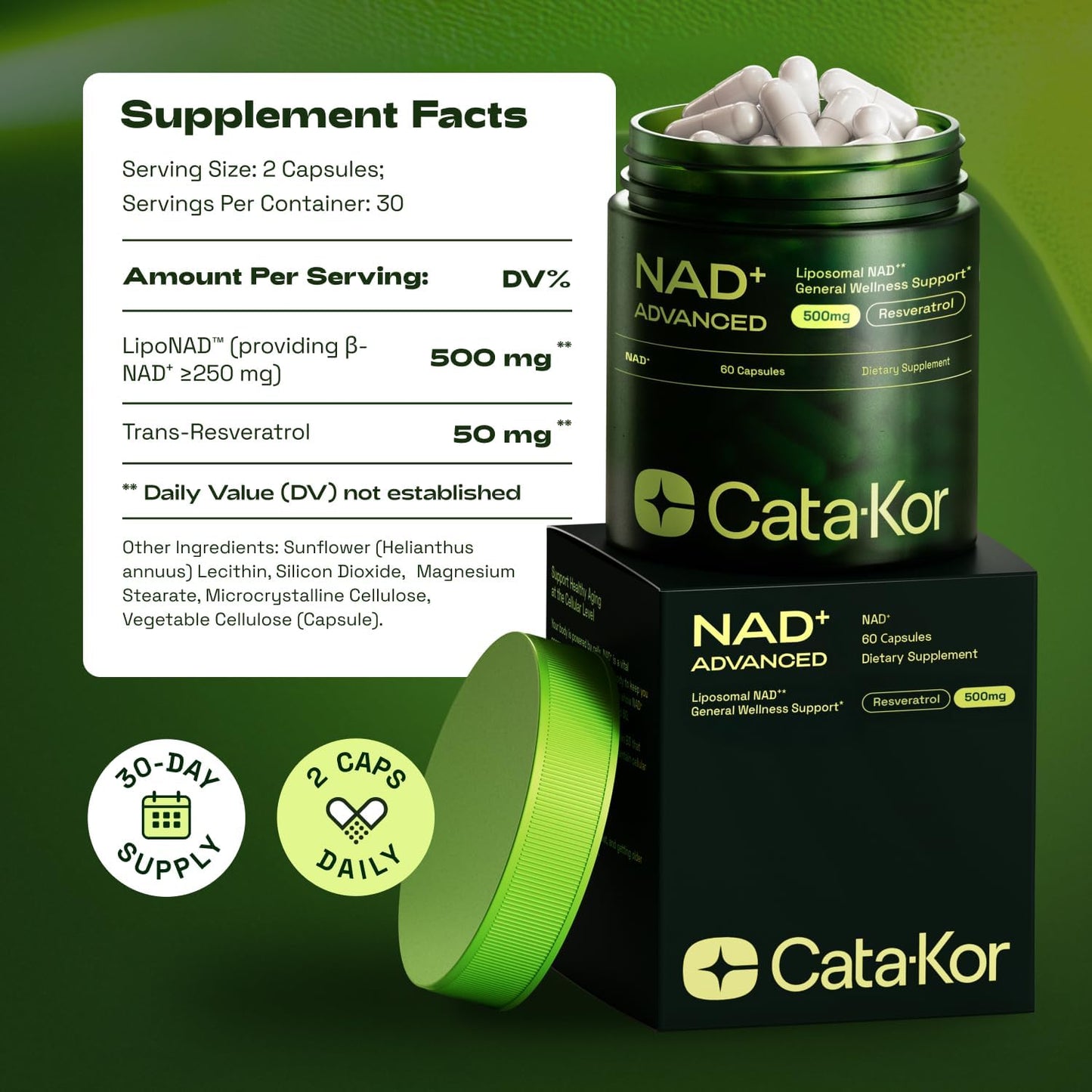 Cata-Kor NMN Supplement 1000mg & Liposomal NAD+ Supplement with Resveratrol – Supports Cellular Energy & NAD+ Levels