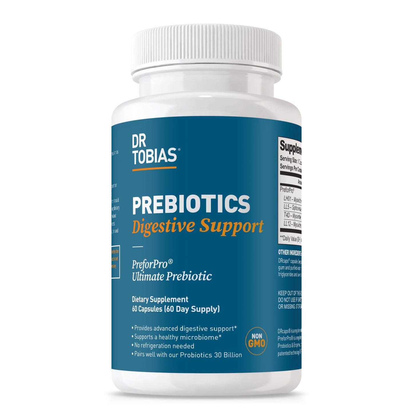Dr. Tobias Prebiotics, Supports Digestion & Gut Health, Feed Good Probiotic Bacteria, Boost Gut Immune Function, Vegan & Non-GMO Gut Health Supplements for Men and Women, 30 Capsules, 30 Servings