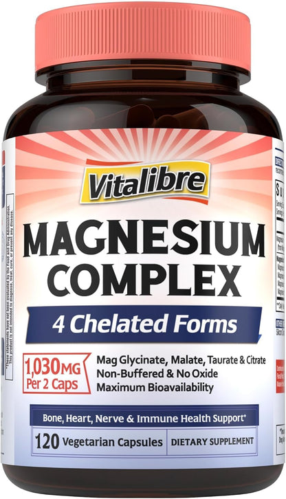 Vitalibre Magnesium Complex Supplement, 4 in 1 Maximized Absorption Chelated Magnesium Glycinate Malate, Taurate & Citrate, Non-Buffered, Bone, Heart, Nerve & Immune Support, 120 Vegan Capsules