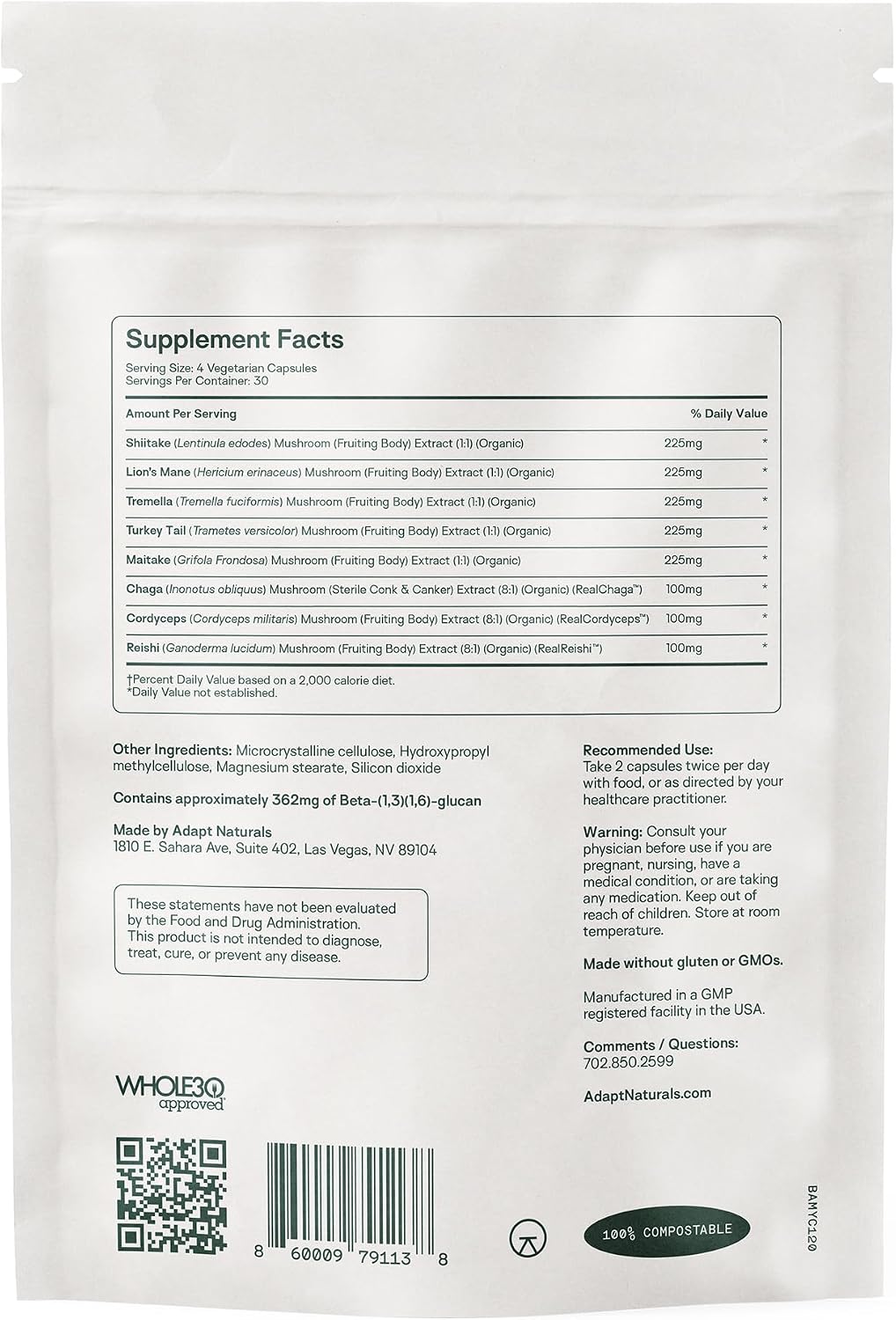 Adapt Naturals Bio-Avail Myco, 8-in-1 Superfood Mushroom Supplement Complex | Lions Mane, Chaga, Cordyceps, Reishi, Shiitake, Tremella, Turkey Tail, Maitake - Immune & Cognitive Function - 30 Day Supply