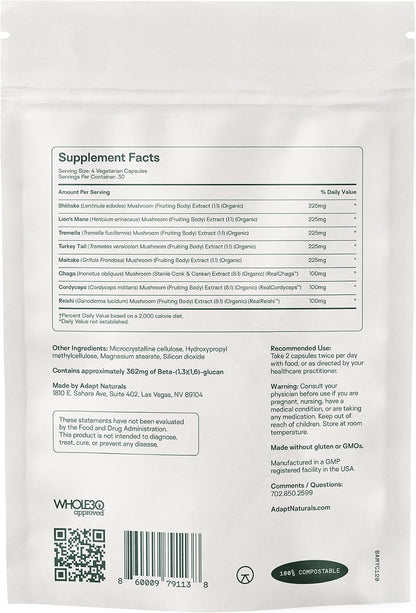 Adapt Naturals Bio-Avail Myco, 8-in-1 Superfood Mushroom Supplement Complex | Lions Mane, Chaga, Cordyceps, Reishi, Shiitake, Tremella, Turkey Tail, Maitake - Immune & Cognitive Function - 30 Day Supply