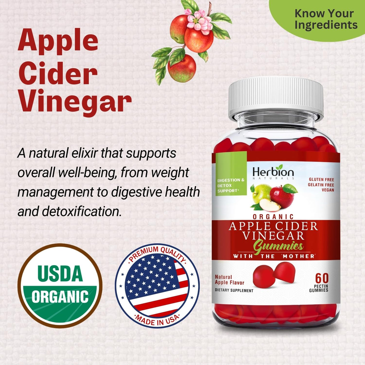 Herbion Naturals Organic Apple Cider Vinegar Gummies with The Mother, Supports Healthy