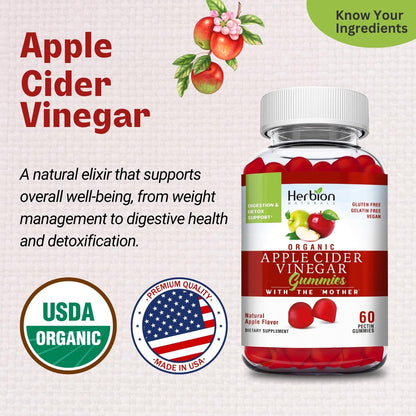 Herbion Naturals Organic Apple Cider Vinegar Gummies with The Mother, Supports Healthy