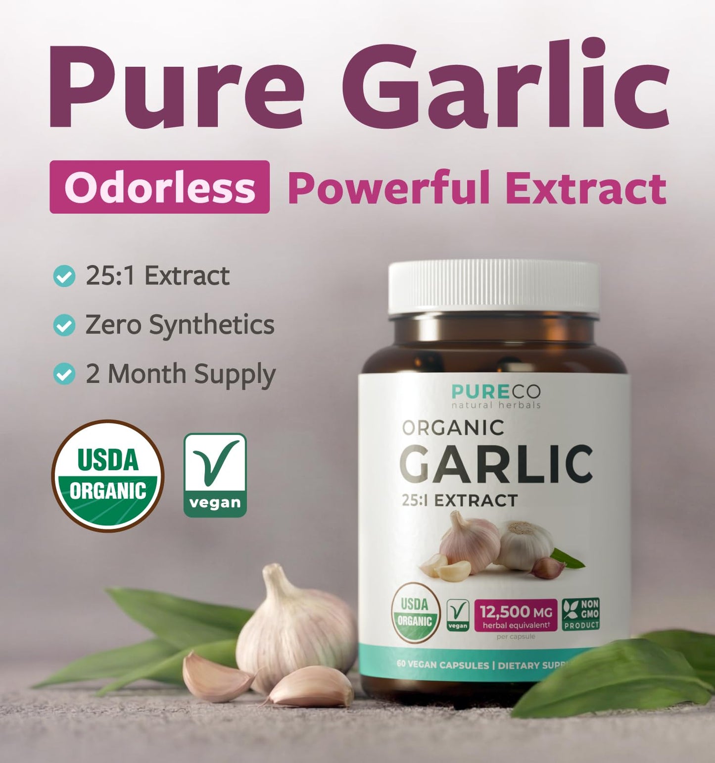 PURE CO USDA Organic Garlic Supplement - High Potency 25:1 Garlic Extract with 12,500mg Herbal Equivalent Strength for Immune & Heart Support - Odorless Vegan & Non-GMO (4 Month Supply)