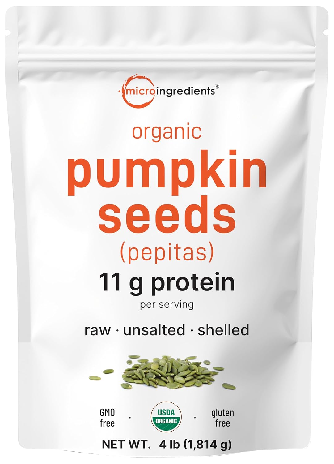 Organic Pumpkin Seeds, 4lbs | Raw, Unsalted, & Shelled – Whole Pepitas | Pumpkin Seeds to Eat | Great for Baking, Smoothies, & Salad Toppings | Natural Source of Essential Fatty Acids, Protein, & Iron
