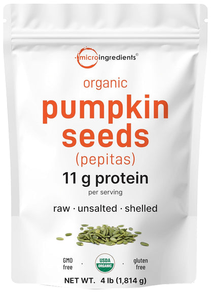 Organic Pumpkin Seeds, 4lbs | Raw, Unsalted, & Shelled – Whole Pepitas | Pumpkin Seeds to Eat | Great for Baking, Smoothies, & Salad Toppings | Natural Source of Essential Fatty Acids, Protein, & Iron