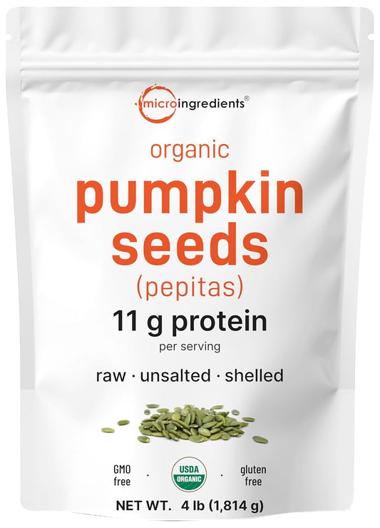 Organic Pumpkin Seeds, 4lbs | Raw, Unsalted, & Shelled – Whole Pepitas | Pumpkin Seeds to Eat | Great for Baking, Smoothies, & Salad Toppings | Natural Source of Essential Fatty Acids, Protein, & Iron