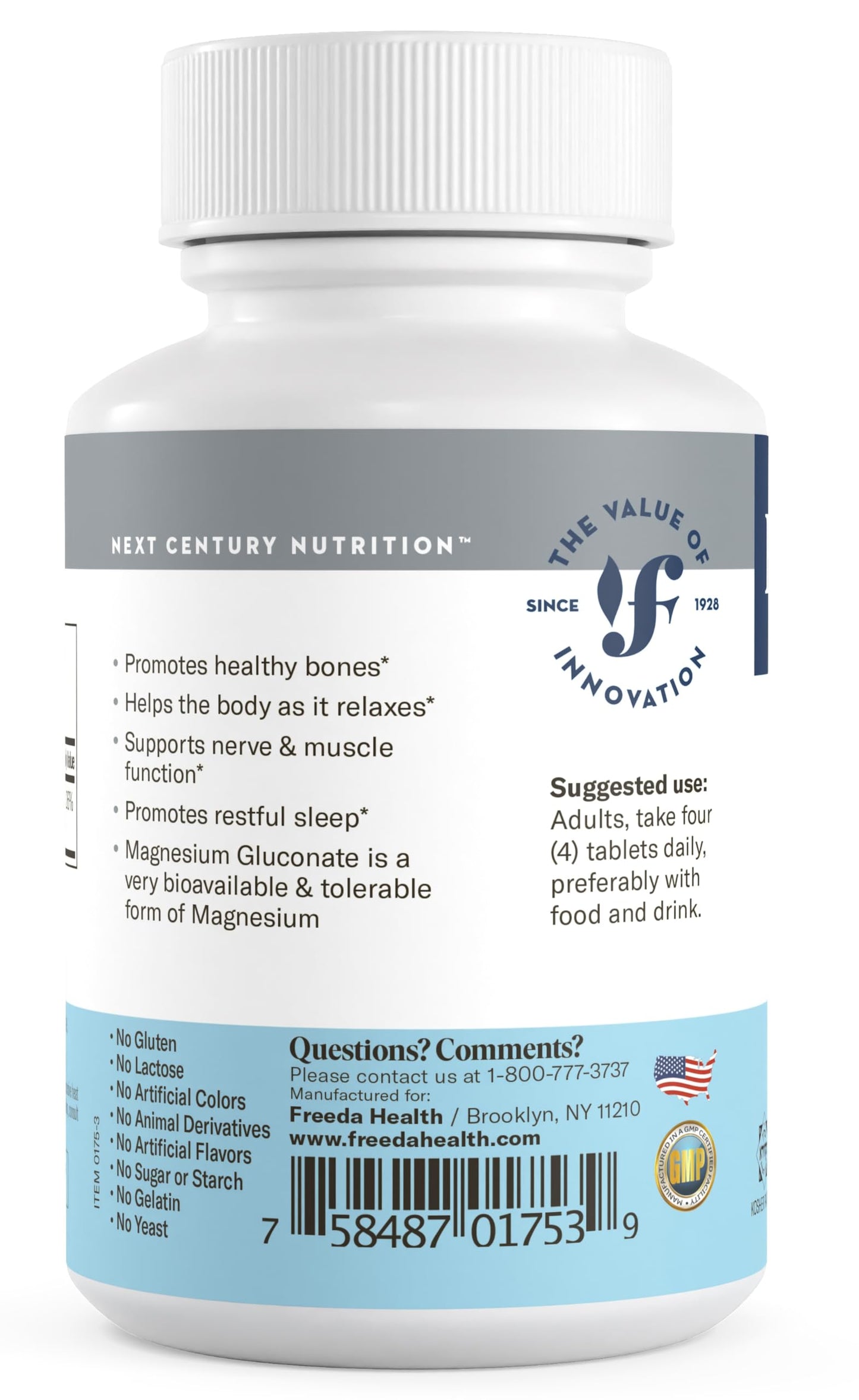 Freeda Magnesium Gluconate Vegan Supplement - 100 Tablets | Gentle and Highly Absorbable Magnesium Gluconate Supplement - Supporting Bone, Nerve & Muscle Function