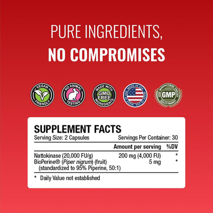 Approved Science Nattokinase - 4,000 FU - 200 mg - Free of Vitamin K2 - Contains BioPerine - One Month Supply - Vegan, Non-GMO - 180 Capsules