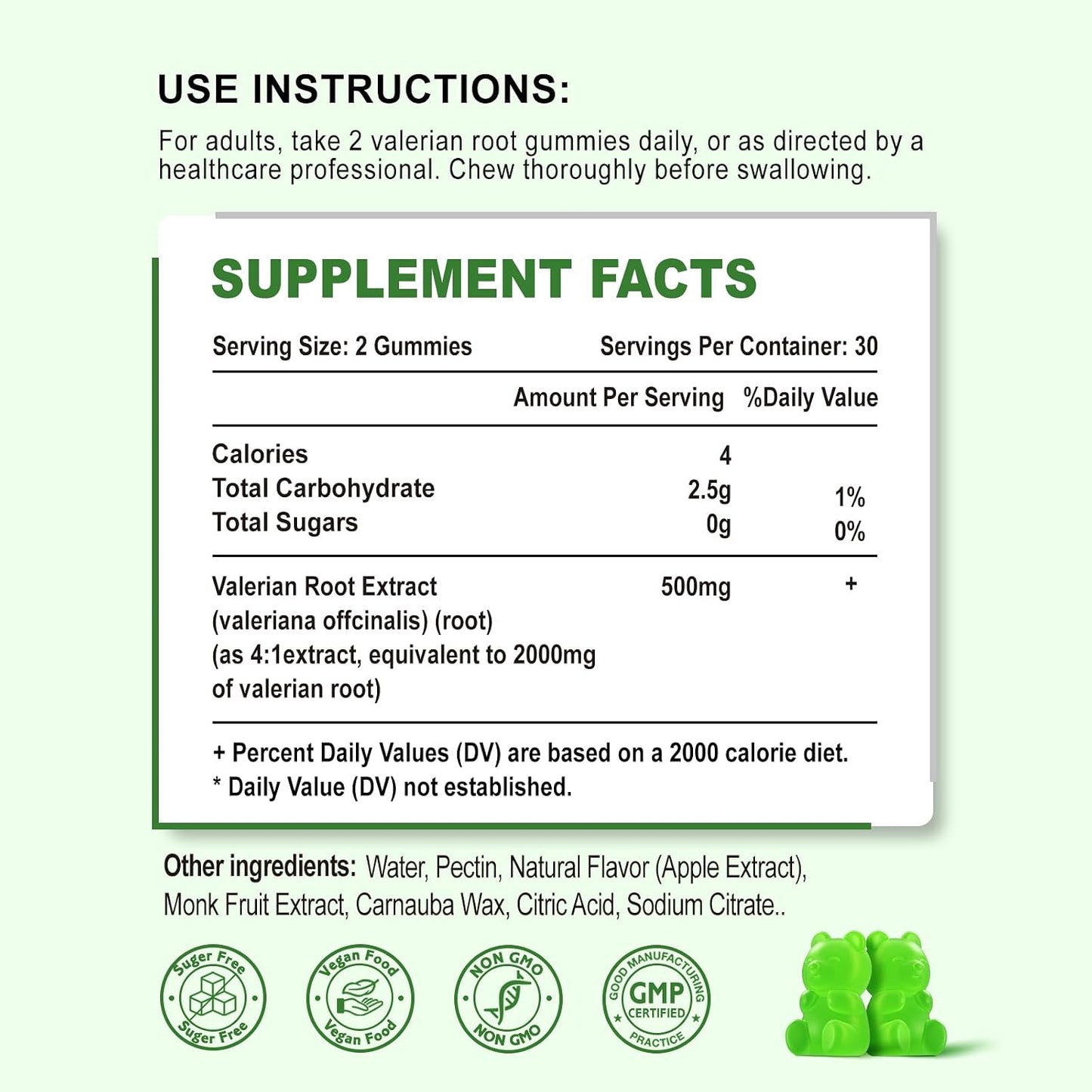 2 Pack Organic Valerian Root Gummies, Herbal Supplement for Relaxation & Mood Support, Sleep Gummies Without Melatonin for Adults, Vegan, Non-GMO, Apple Flavor, 120 Count