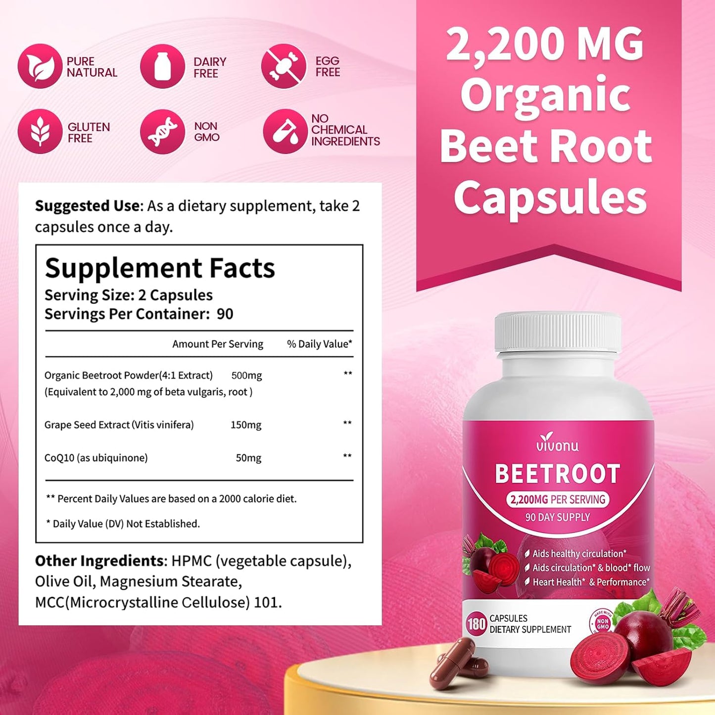 VivoNu Beetroot Capsules | Beet Root Supplement* 2,000 mg of Beet Root Powder, Enriched with CoQ10 and Grape Seed Extract，Healthy sBlood Pressure Levels and sCardiovascular* Wellness