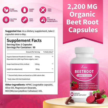 VivoNu Beetroot Capsules | Beet Root Supplement* 2,000 mg of Beet Root Powder, Enriched with CoQ10 and Grape Seed Extract，Healthy sBlood Pressure Levels and sCardiovascular* Wellness