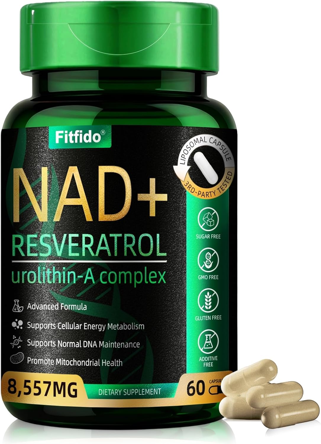 Liposomal NAD+ Resveratrol 400mg with Urolithin A, 60 Capsules | Enhanced Absorption with Urolithin-A & CoQ10, Supports Cellular Energy & DNA Maintenance, Non-GMO, Gluten Free