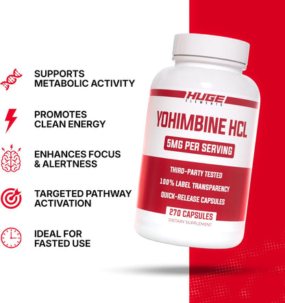 Huge Supplements Yohimbine HCl 5mg, Third Party Tested, Fat Loss & Energy Support, Advanced Performance Formula for Body Recomposition - 270 Veg Capsules