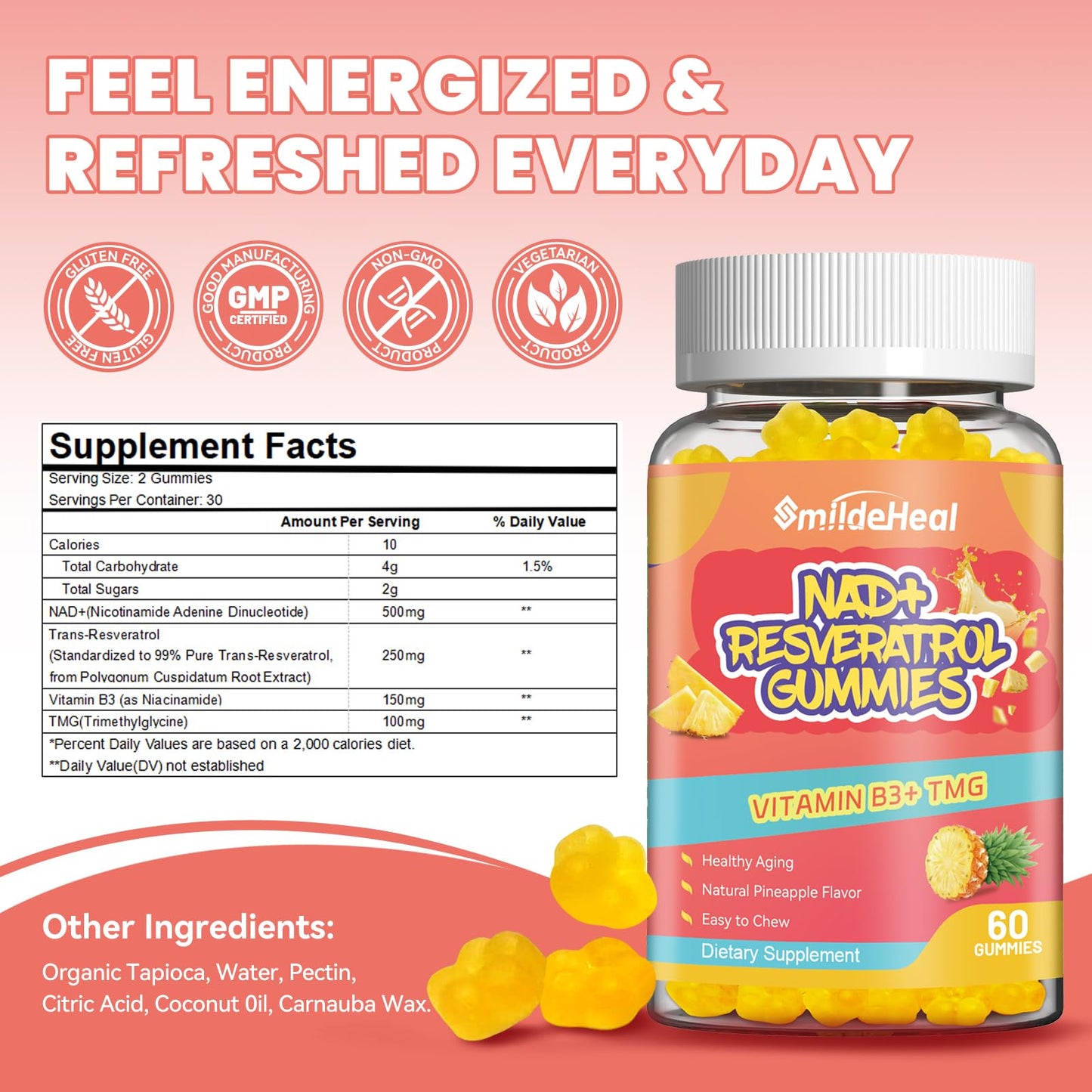 NAD+ Resveratrol Gummies NAD+ Supplement 500mg with Vitamin B3 & TMG – Healthy Aging, Energy & Cellular Health Support – Vegan Friendly, Natural Pectin – 60 Gummies, 30-Day Supply
