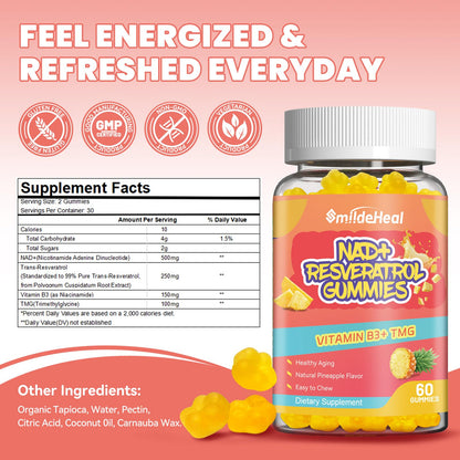 NAD+ Resveratrol Gummies NAD+ Supplement 500mg with Vitamin B3 & TMG – Healthy Aging, Energy & Cellular Health Support – Vegan Friendly, Natural Pectin – 60 Gummies, 30-Day Supply