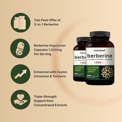 NatureBell Berberine Supplement 1,500mg with Ceylon Cinnamon & Turmeric Root, 240 Veggie Capsules | 97% Pure Berberine HCL | Supports Balanced Sugar Levels & Heart Health | Vegan, Non-GMO
