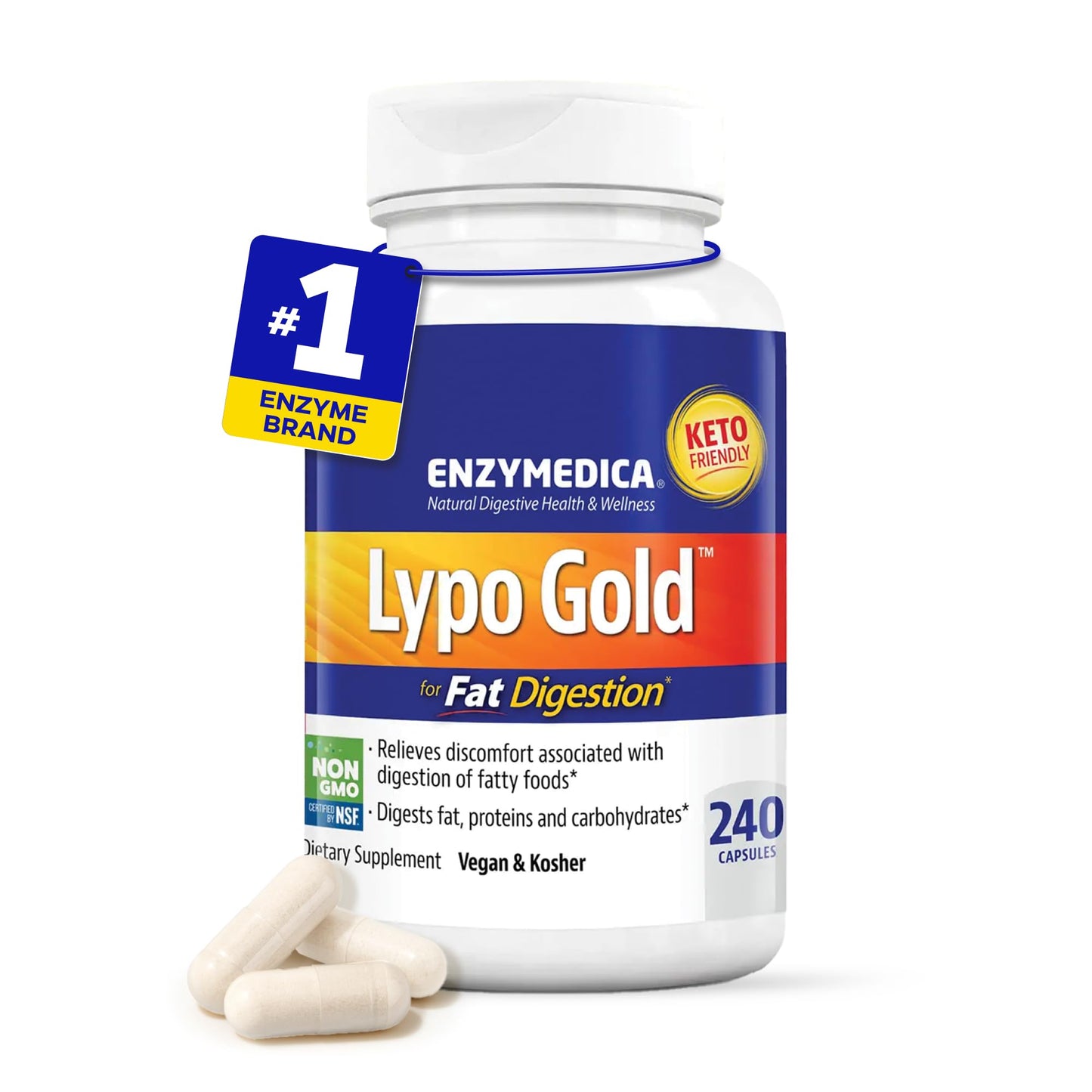 Enzymedica Lypo Gold - Protease, Amylase & Lipase Digestive Enzymes for Women & Men, Enzyme Supplement for Fat Digestion, Gut Health & Gallbladder Support, Helps Gas & Bloating, Gluten Free - 60 Caps