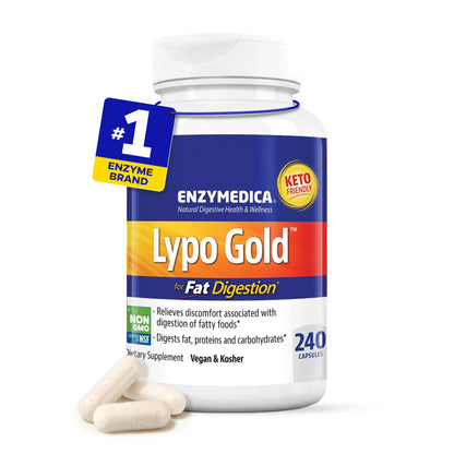 Enzymedica Lypo Gold - Protease, Amylase & Lipase Digestive Enzymes for Women & Men, Enzyme Supplement for Fat Digestion, Gut Health & Gallbladder Support, Helps Gas & Bloating, Gluten Free - 60 Caps