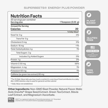 HumanN SuperBeets Energy Plus with Grape Seed Extract - Beet Root Powder, Green Tea Extract, Caffeine, Vitamin C, Non-GMO, 5.87oz