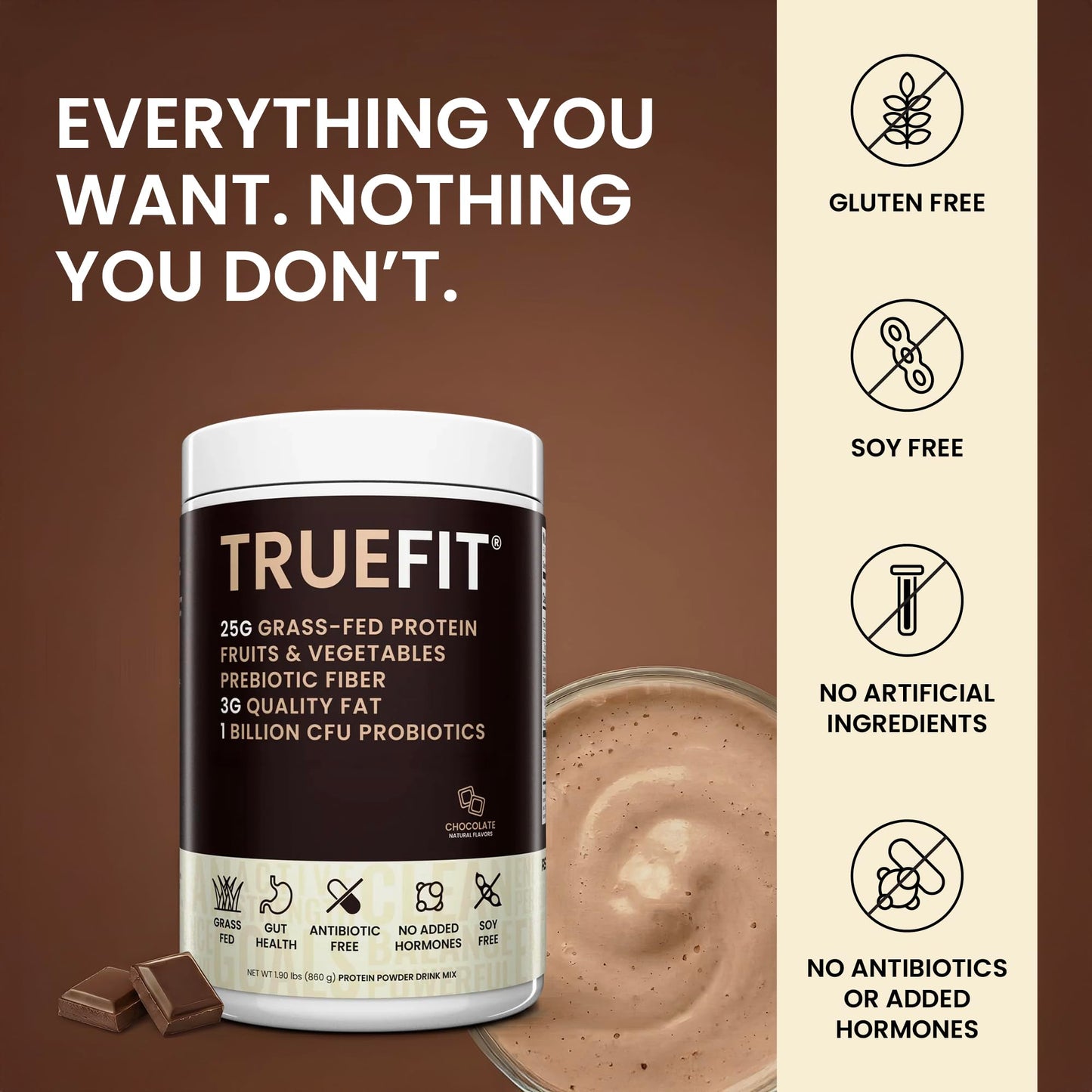 TrueFit Grass-Fed Whey Protein Powder + Fiber & Probiotics, Vanilla Shake | 25g Gut Healthy Protein with Fiber, Probiotics & Non-GMO Superfoods for Complete Meal Replacement Shake with Nothing Fake