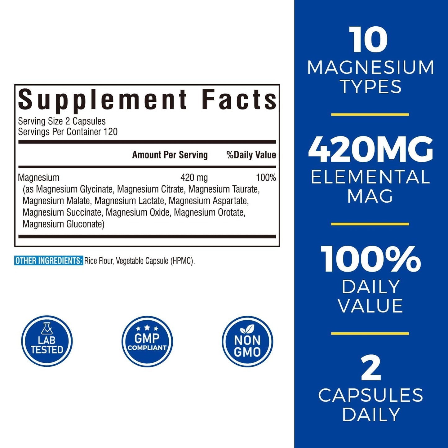 Vitalibre 10 in 1 Magnesium Complex, 420mg Elemental Magnesium 120 Capsules | Ultra Strength, Max Absorption | Chelated Magnesium Supplement for Women Men Nerves, Bone & Heart Health | Non-GMO