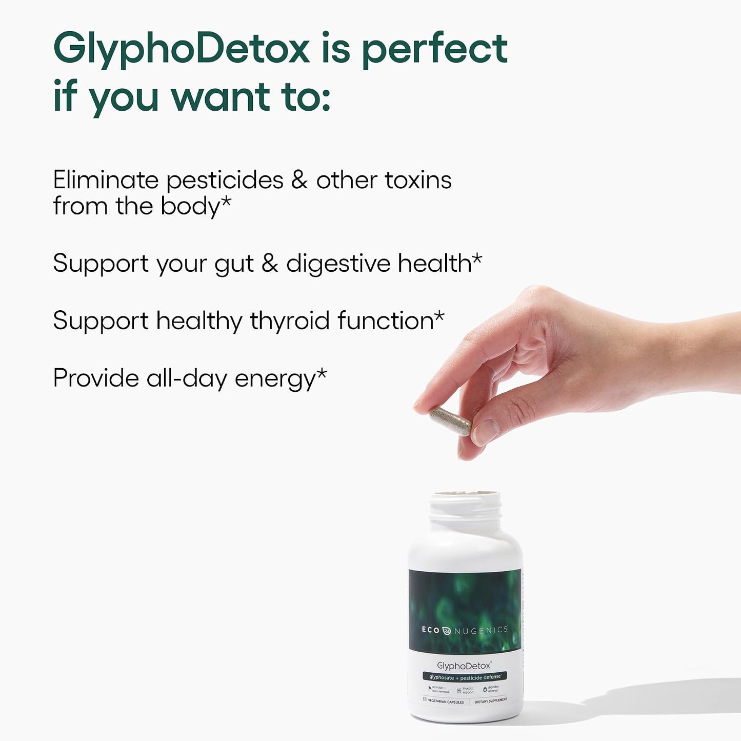EcoNugenics GlyphoDetox Supplement – Detox Cleanse to Safely Remove Glyphosate Pesticides & Agricultural Toxins, Support the Gut & Thyroid –Includes Glycine, Kelp, Citrus Pectin, Alginate– 60 Capsules