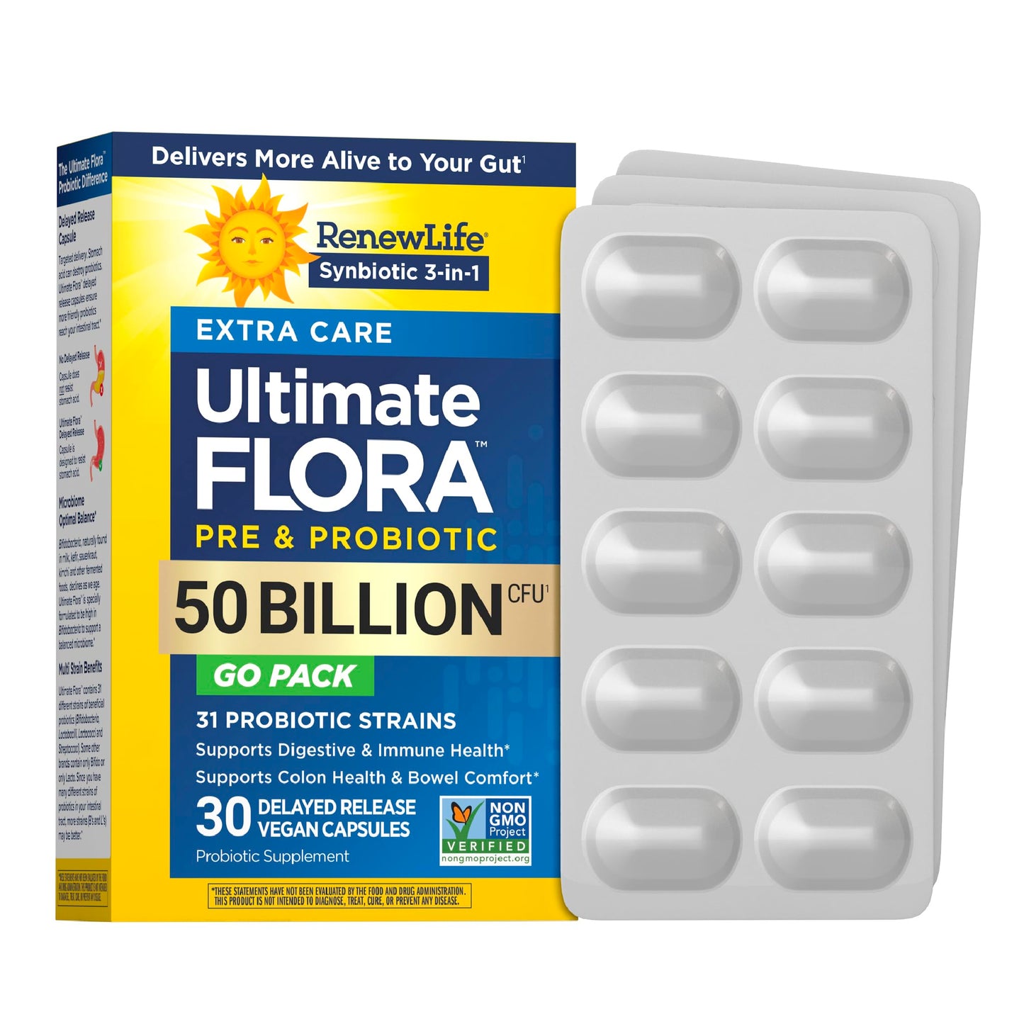 Renew Life Extra Care Digestive Probiotic 50 Billion CFU | 90 Vegetarian Capsules | Supports Digestive, Immune & Respiratory Health | Dairy, Soy and Gluten Free Supplement
