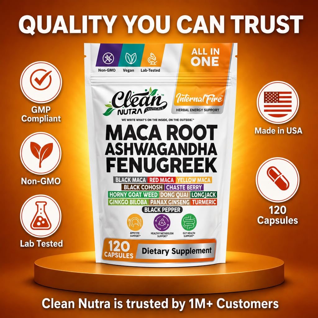 Clean Nutraceuticals Ashwagandha Maca Root Fenugreek Supplement with Tongkat Ali Ginseng - Assists with Stress, Mood & Thyroid - Ashwagandha Capsules Fenugreek Caps