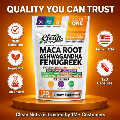 Clean Nutraceuticals Ashwagandha Maca Root Fenugreek Supplement with Tongkat Ali Ginseng - Assists with Stress, Mood & Thyroid - Ashwagandha Capsules Fenugreek Caps
